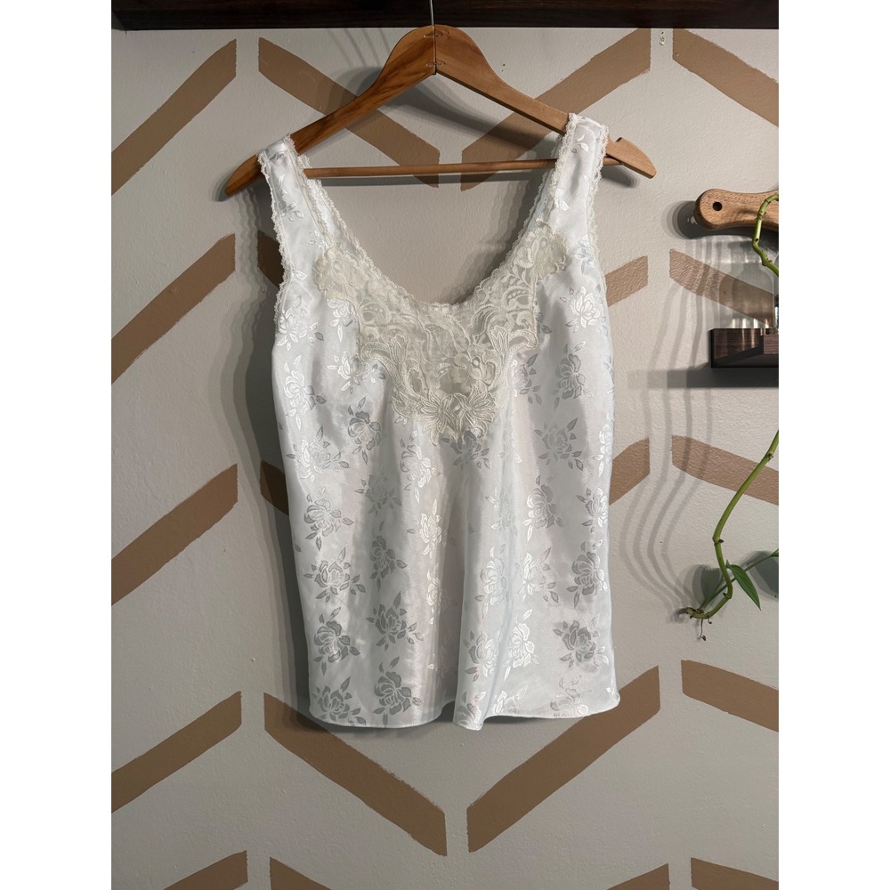 Amanda Smith Cami Top Women Medium White Vintage Lace Floral Satin‎ Camisole